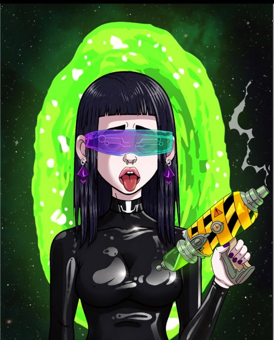 A digital illustration of a pale woman with dark hair and bangs wearing a black outfit, futuristic purple visor glasses, and holding a sci-fi weapon in front of a glowing green portal.