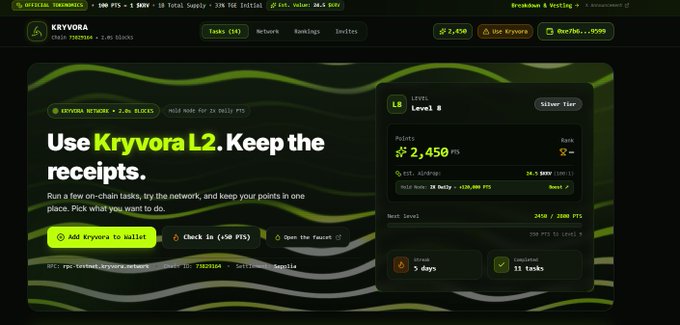 A dark-themed website screenshot for KRYVORA, a decentralized task network on Solana, promoting 'Use Kryvora L2. Keep the receipts' with options to add Kryvora to wallet, check in, and claim faucet rewards.