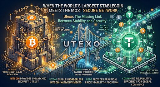 A promotional graphic for 'Utexo' cryptocurrency marketing it as the missing link between stability and security, combining Bitcoin and Tether features.