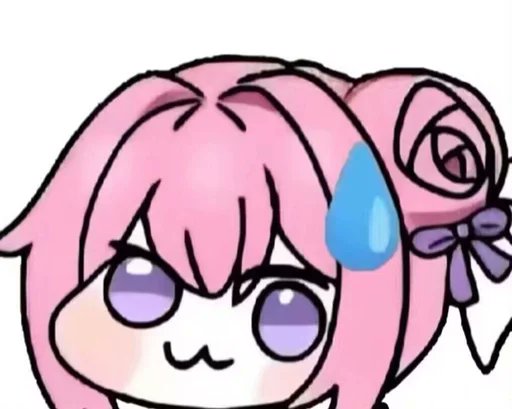 A cartoon-style illustration of a pink-haired anime girl with large purple eyes, blushing cheeks, and a blue sweat drop indicating nervousness or awkwardness.