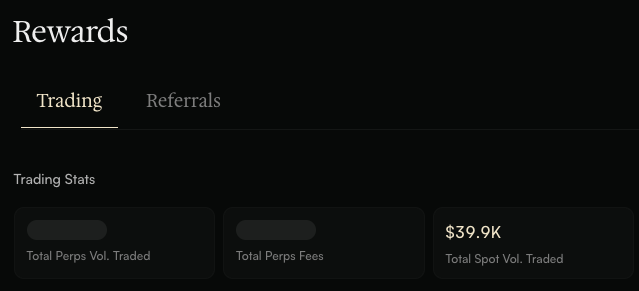A "Rewards" dashboard displays Trading Stats including Total Perps Vol. Traded, Total Perps Fees, and a Total Spot Vol. Traded of $39.9K, corresponding to ARCUS's spot volume nearing the 40K USD milestone mentioned in the post.