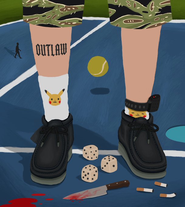 Anime-style illustration showing the lower half of a person wearing camouflage shorts, black boots, and Pikachu socks (one labeled 'OUTLAW'), standing on a blue court with a tennis ball, dice, a bloody knife, cigarettes, and a tracking device on the ankle.