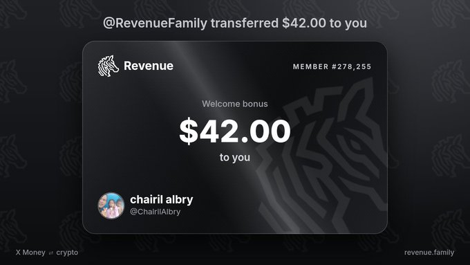 A screenshot showing '@RevenueFamily transferred $42.00 to you' with a welcome bonus card for 'chairil albry @ChairilAlbry' on the revenue.family platform.