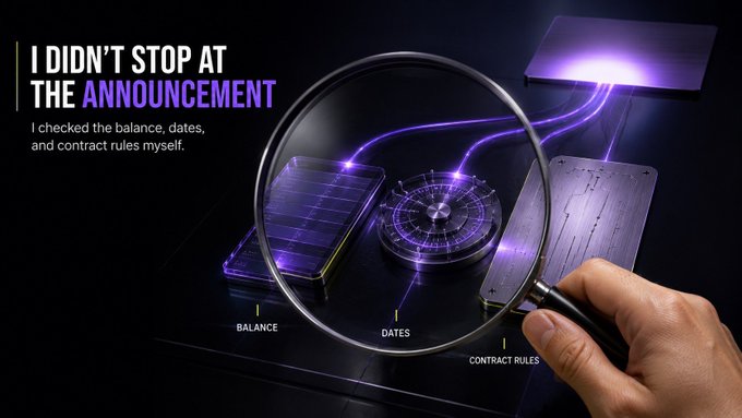 A graphic titled 'I DIDN'T STOP AT THE ANNOUNCEMENT' showing a hand holding a magnifying glass over digital assets labeled 'BALANCE', 'DATES', and 'CONTRACT RULES'.