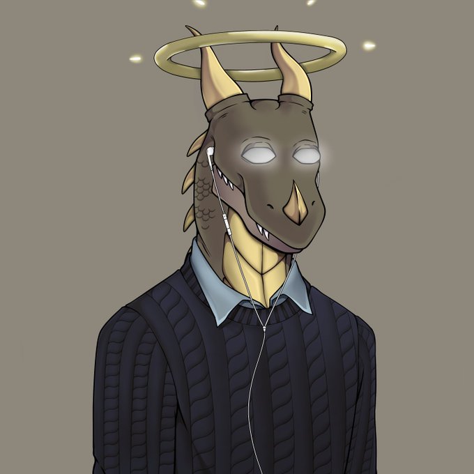 A digital drawing of a character with a reptilian/dinosaur-like head, glowing white eyes, a golden halo, and wearing earbuds and a dark blue ribbed sweater over a collared shirt.
