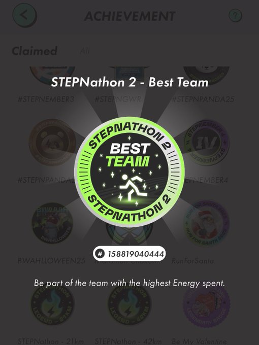 STEP'N achievement screen displaying the 'STEPNathon 2 - Best Team' badge (#158819040444), awarded to the team with the highest Energy spent.