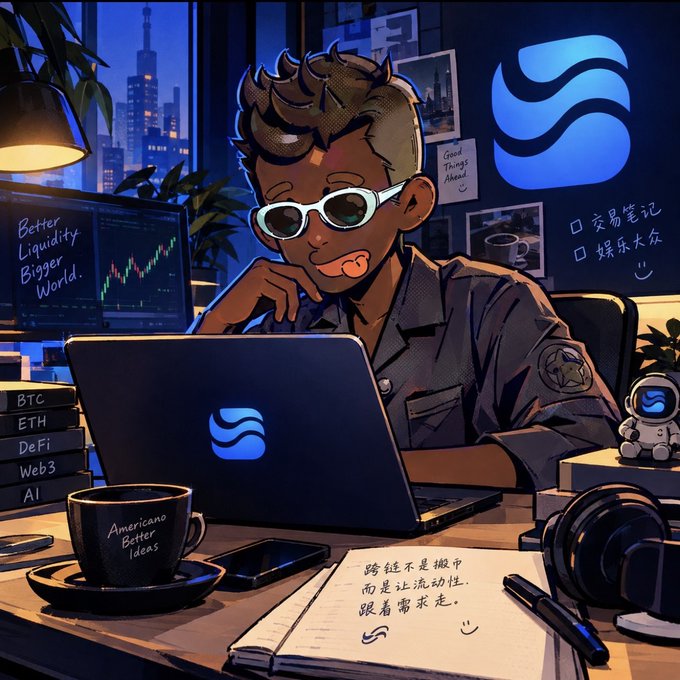 An anime-style illustration of a young person wearing sunglasses working on a laptop with a blue wave logo, surrounded by crypto-themed items including books labeled BTC, ETH, DeFi, Web3, AI, a coffee mug reading 'American Better Ideas', and Chinese text including '交易笔记', '娱乐大众', and '跨链不是搬砖而是让流动性跟着需求走'.