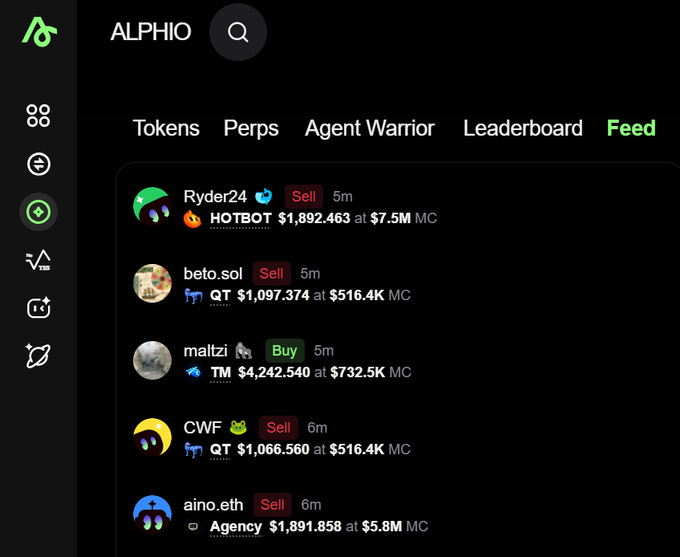 A screenshot of a crypto interface labeled 'ALPHIO' shows a 'Feed' tab with recent trades: 'HOTBOT' Sell for $7.5M MC, 'QT' Sell for $516.4K MC, 'TM' Buy for $732.5K MC, and 'Agency' Sell for $5.8M MC.