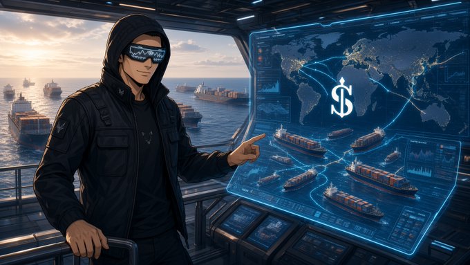 A digitally rendered hooded figure wearing futuristic goggles points at a holographic world map displaying shipping routes, cargo ships, and a large dollar sign symbol.