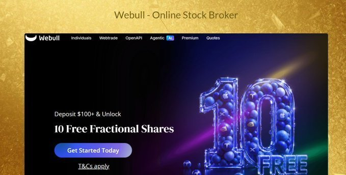 An advertisement for Webull - Online Stock Broker offering '10 Free Fractional Shares' with a $100+ deposit, featuring a large illuminated number 10 on a dark background.