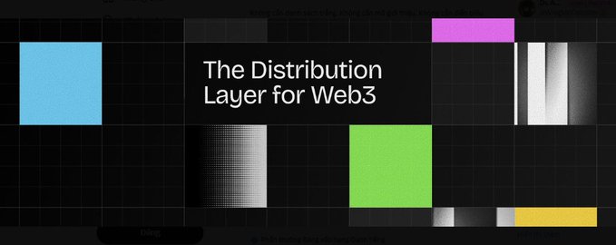 A dark banner with a grid background displays the white text "The Distribution Layer for Web3," surrounded by colorful geometric blocks in blue, magenta, green, and yellow, visually introducing Nucleus's tagline of connecting on-chain activity and social presence for meaningful context in Web3.