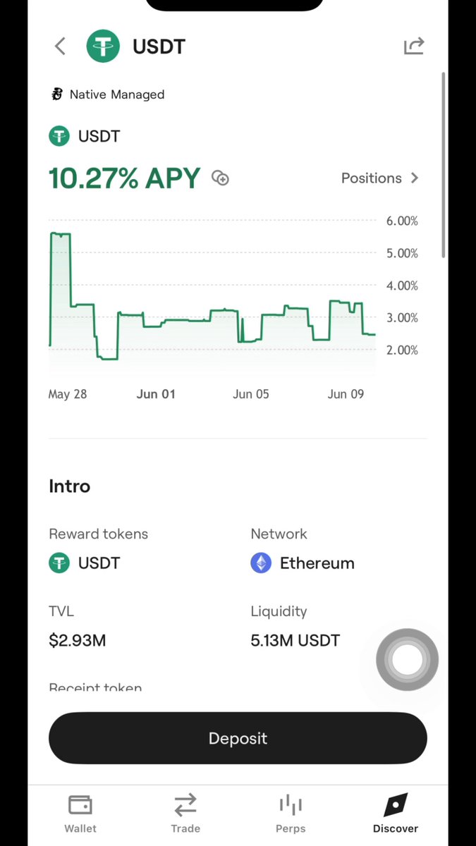 The image shows a cell phone screen displaying information about trading cryptocurrencies like Bitcoin andetherum, which appears to be related to a cryptocurrency trading app called OneKey x Native. The app is offering users a limited-time bonus with 10.15% APY (Annual Percentage Rate) for native USDT (United States Dollar). The user needs to open the app, select "Native", click on "USDT" and follow the instructions to obtain the premium offer. The screen also shows positions, indicating that some users are currently invested in this particular cryptocurrency pair or have recently performed a transaction.