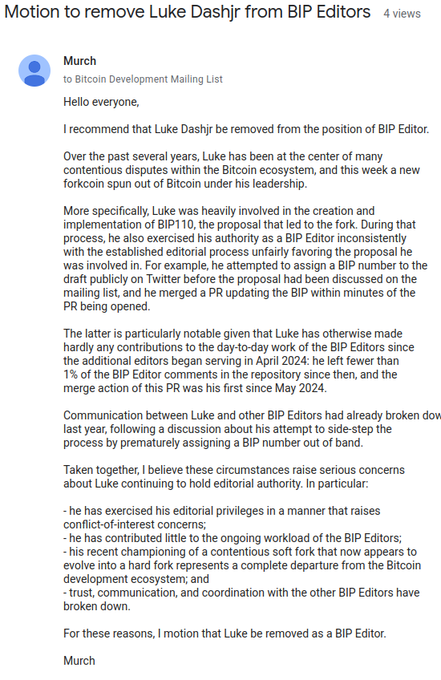 Bitcoin Development Mailing List post titled 'Motion to remove Luke Dashjr from BIP Editors' by Murch, detailing reasons for the motion including exercising editorial authority unfairly during the BIP110 fork proposal.
