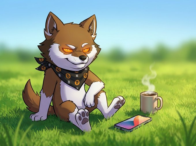 The image features a cartoon dog sitting on grass with a cell phone nearby. The dog appears to be enjoying its time outdoors while holding a cup of coffee, which adds a sense of relaxation and leisurely pace to the scene. The caption for this image reads "Focus on what is in the image and how it relates to the post", indicating that the viewer should pay attention to the details within the image and consider how it connects with the provided context or message about Bitcoin's Runes Protocol.