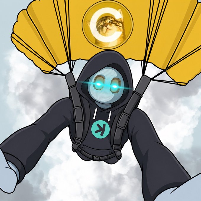 A hooded figure with glowing eyes parachutes through clouds beneath a yellow canopy featuring a cat in a crescent moon, with a cyan circular logo bearing an arrow on their chest. The cat imagery likely references $CATE, while the arrow emblem may symbolize $KAS, visually representing the post's bullish sentiment on these three cryptocurrencies.