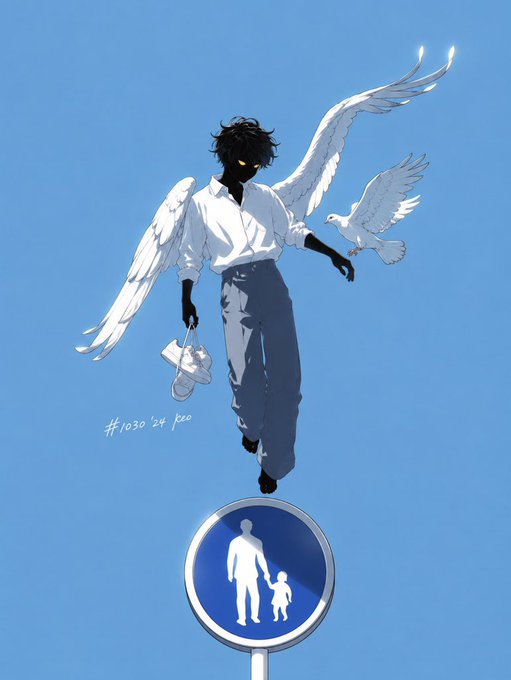 An anime-style digital illustration showing a silhouetted figure with large white angel wings standing atop a pedestrian sign while a white dove flies nearby.