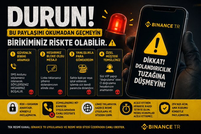 The image is a Binance TR warning graphic titled "DURUN!" (STOP!), alerting users about crypto fraud risks such as security breaches, account locks, fake links, and impersonation, featuring a flashing warning icon on a smartphone display. It pairs with the post's caution about how even careful people can fall for scams in seconds, reinforcing the message to only use Binance TR's official app and channels.