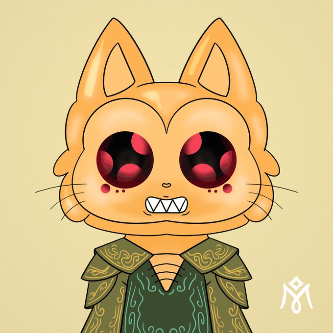 A digital illustration of an orange cat-like creature with large, shiny red eyes, sharp white teeth, and wearing green and gold armor. The background is a plain beige color with a small white logo in the bottom right.