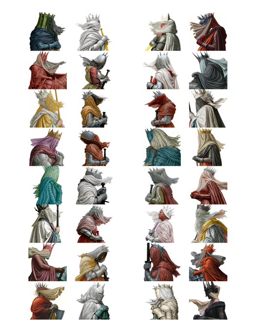 A grid of illustrated character portraits shows numerous variations of crowned, cloaked figures in various colored robes, each holding different items like scepters or books.