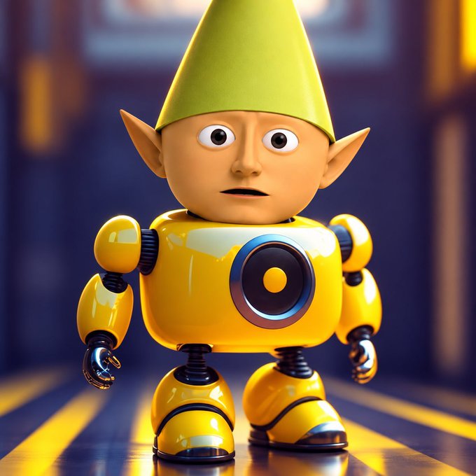 A 3D-rendered character featuring an elf-like face with a green cone-shaped hat atop a yellow robotic body with glowing blue accents.