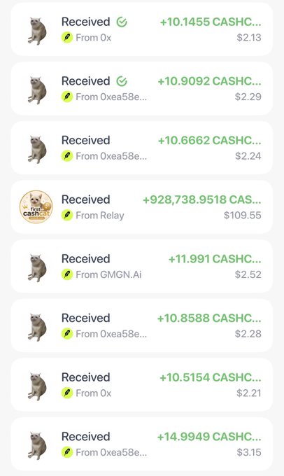 A transaction history showing multiple received CASHCAT rewards ranging from +10 to +928,738.95 tokens from various sources including 0x, Oxea58e..., Relay, and GMGN.Ai, illustrating the "tons of rewards" mentioned in the post.