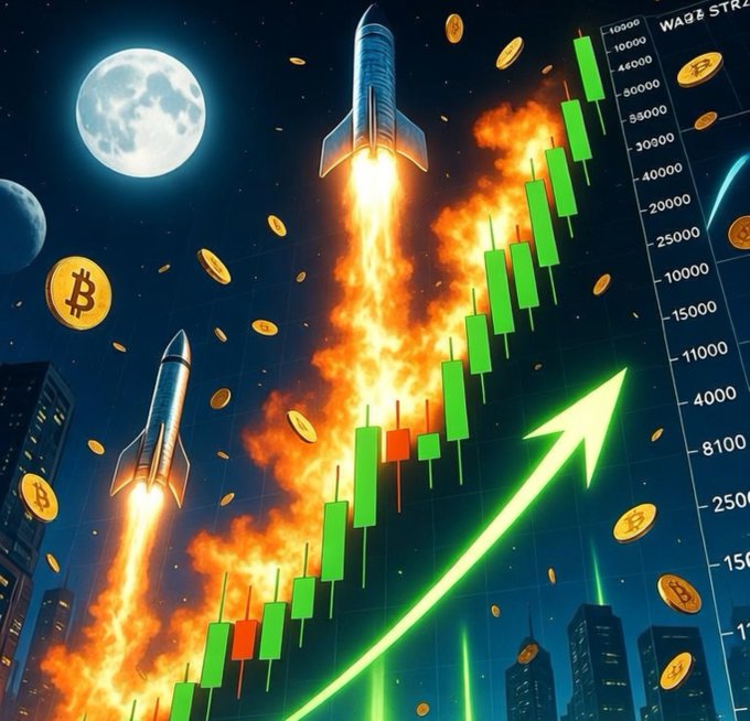 A vibrant digital illustration depicts rockets blasting off into space alongside a rising green candlestick chart with an upward arrow, surrounded by floating Bitcoin coins and a large moon, with partial text 'WAGE STR.' visible.