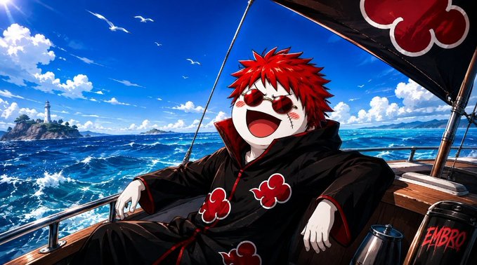 An anime-style illustration of a red-haired character wearing sunglasses and a black cloak with red cloud patterns (Akatsuki-style), sitting on a boat with seagulls and ocean in the background, signed "EMBRO".