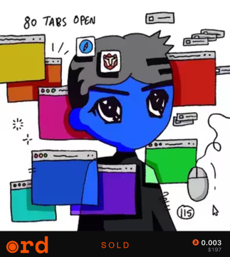 A cartoon-style NFT illustration showing a blue-skinned character with a WordPress logo cap surrounded by 80 browser tabs, labeled "SOLD" at 0.003 ETH.