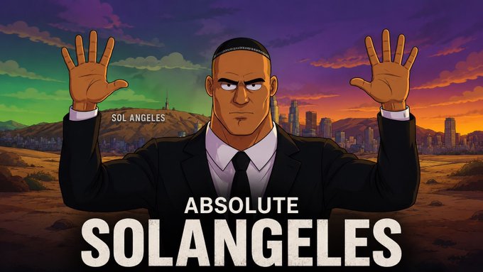 An anime-style illustration shows a stern man in a black suit with his hands raised, set against a cityscape labeled 'SOL ANGELES' with 'ABSOLUTE SOLANGELES' written in bold white letters at the bottom.