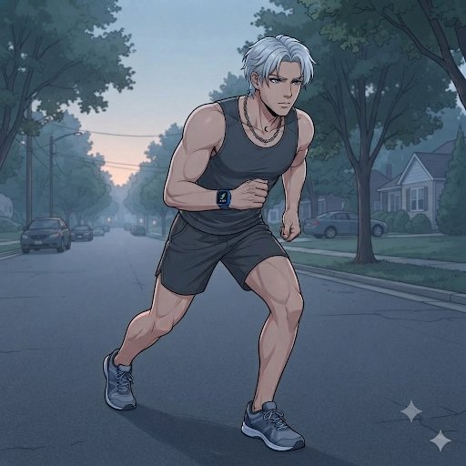 Anime-style illustration of a muscular white-haired man in a black tank top and shorts running down a suburban street.