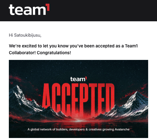 Team1 acceptance email addressed to 'Satoukibijusu' confirming acceptance as a Team1 Collaborator, featuring the 'ACCEPTED' mountain graphic.