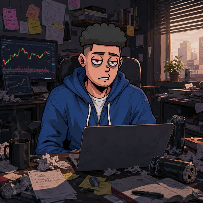 A stressed cartoon man in a blue hoodie sits at a cluttered desk surrounded by stock charts on his monitor, scattered papers labeled "PLAN," "IDEAS," and "don't overthink it," and crushed energy drink cans, embodying the exhaustion of someone trapped inside trading while life happens outside his window. The image visually captures the post's irony of "touching grass" on the weekend—paralyzed by screens, caffeine, and self-made chaos rather than enjoying the world outside.