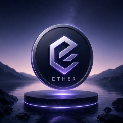 A 3D rendering of a circular dark coin or token displaying a stylized 'E' logo and the word 'ETHER', floating above a glowing purple platform against a twilight landscape with water and mountains.