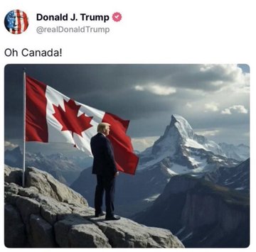 A tweet from Donald J. Trump (@realDonaldTrump) that says 'Oh Canada!' accompanied by an AI-generated image of him holding a Canadian flag while standing on a mountain with the Matterhorn in the background.