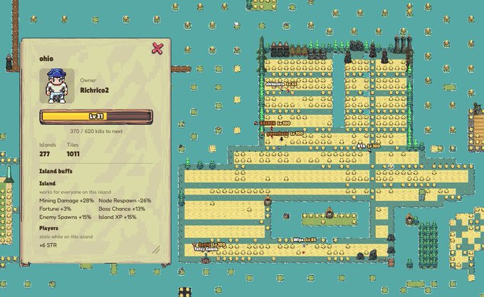 A pixel art game screenshot showing an island map with an information panel for an island called 'ohio' owned by 'Richrico2', displaying stats like 277 islands, 1011 tiles, and various island buffs.