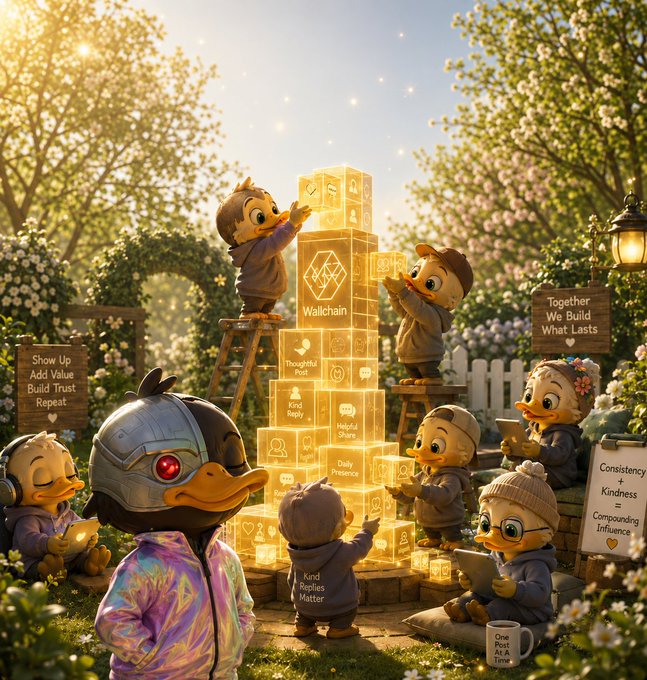 The image features a group of ducks wearing costumes and working together to build a tower using blocks. The ducks are engaged in various tasks, such as placing blocks or holding them up, which demonstrates their collaborative efforts. The scene also includes other elements like a bench, potted plants, and a cup, adding to the overall atmosphere of the image. The post that accompanies this image is titled "Good afternoon Quackers" and encourages people to contribute positively in their daily lives by sharing one thoughtful message at a time.