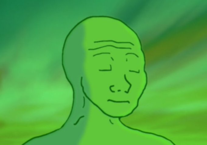 The 'Wojak' or 'Feels Guy' internet meme character, depicted as a bald man with a melancholic expression drawn in green tones against a blurred green background.