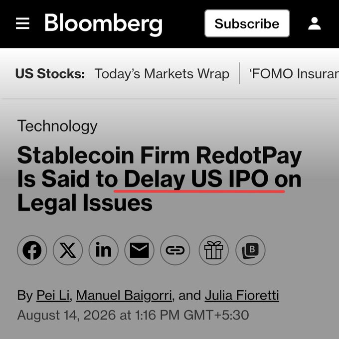 A Bloomberg article headline from August 14, 2026, by Pei Li, Manuel Baigorri, and Julia Fioretti, reads "Stablecoin Firm RedotPay Is Said to Delay US IPO on Legal Issues," suggesting RedotPay's postponed IPO amid a Binance lawsuit could impact any potential RedotPay token or airdrop plans, as the post notes.