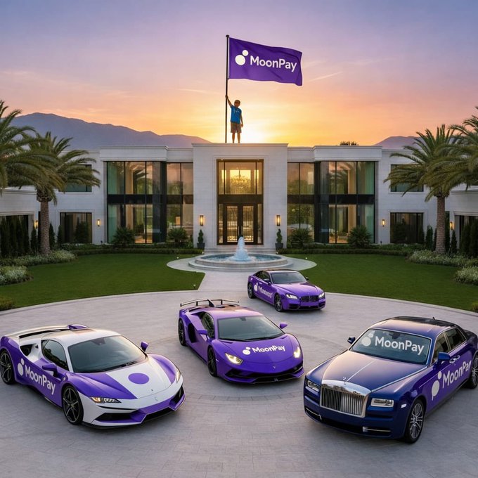 An AI-generated promotional image depicts a luxurious mansion with a flag bearing the "MoonPay" logo on the roof and three high-end cars (Lamborghini, Ferrari, Rolls-Royce) branded with "MoonPay" parked in the circular driveway.