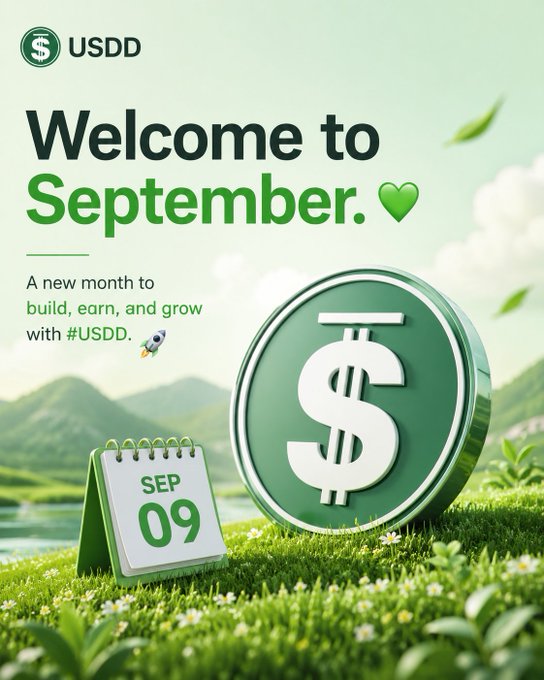 A promotional graphic for 'USDD' featuring a large green coin with a dollar sign, a calendar showing 'SEP 09', and the text 'Welcome to September. A new month to build, earn, and grow with #USDD'.