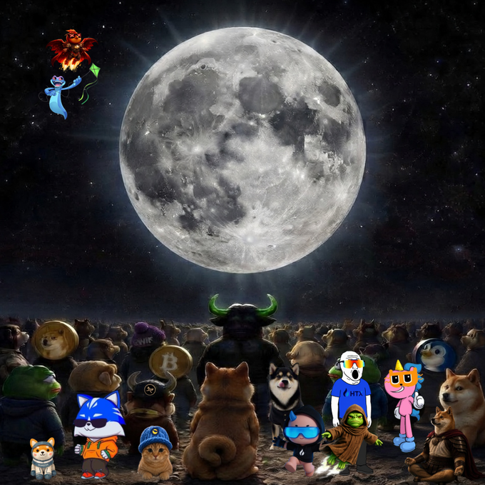 A large group of various cryptocurrency and internet meme characters, including Doge, Bitcoin logos, and Shiba Inu figures, are gathered together gazing at a massive full moon.
