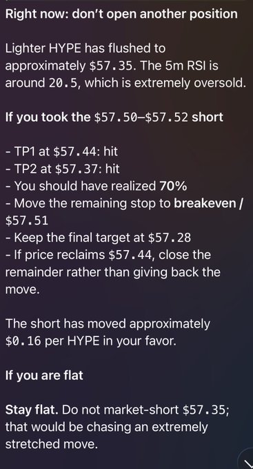 A dark-themed trading analysis text giving short advice for 'Lighter HYPE' at approximately $57.35, noting the 5m RSI is around 20.5 (extremely oversold), with instructions for TP1 at $57.44, TP2 at $57.37, final target $57.28, and to stay flat.