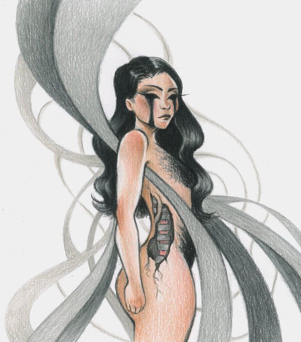 The user wants a concise caption describing the image.
I need to look for key text, numbers, or names.
The image itself contains a figure with long black hair and flowing grey ribbons/energy.
There is no text *inside* the image itself (no titles, no labels on the figure).
The prompt provides context: "Hi! Just dropped on objkt 'Becoming' 29XTZ 2ed". This is the "accompanying post" mentioned in the instructions.
The task is to write a caption describing the image, including any visible text. Since there is no text *in* the image, I should focus on describing the visual content. However, the prompt asks to "Include any key text, numbers, tickers or names visible." This likely refers to the text provided in the prompt's "accompanying post" which acts as context for the image, or perhaps I missed something. Let me re-examine the image.
- The image is
