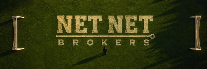 The image shows an aerial view of a large "NET NET BROKERS" logo mowed into a grassy field, with a small figure standing below the text. This serves as the promotional banner for a giveaway collaboration requiring users to follow the accounts, like/retweet the post, and submit their EVM address within one hour.