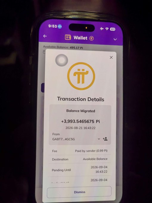 The image shows a Pi Wallet transaction details screen displaying a "Balance Migrated" entry of +3,993.5465675 Pi from GABT7...4GC5G, with a fee of 0.99 Pi paid by sender and pending until September 4, 2026. This relates to the post by illustrating an experiment testing Pi Network's new authorization feature, with the migration occurring ahead of the announced mainnet Protocol 27 upgrade on September 15.