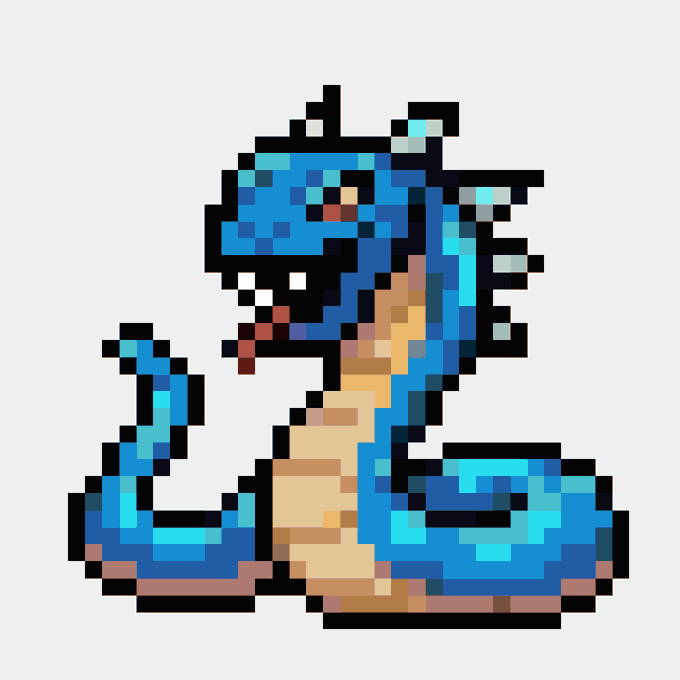 Pixel art illustration of a blue serpentine dragon with a tan underbody and red tongue.