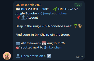 Social media post from 'OG Research v 0.3' announcing a BIO MATCH 'Ink' with @junglebonobos for the Jungle Bonobo project on Ink Chain, with 6,666 bonobos mentioned.