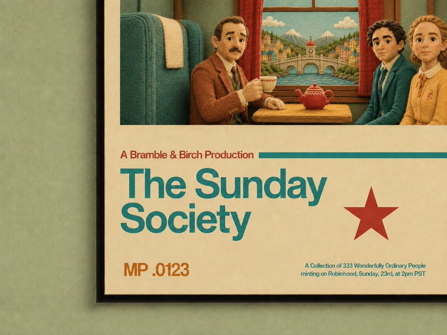 A poster for 'The Sunday Society' by Bramble & Birch Production, depicting a claymation-style scene of three people at a table with tea, and text reading 'A Collection of 333 Wonderfully Ordinary People minting on Robinhood, Sunday, 23rd, at 2pm PST'.