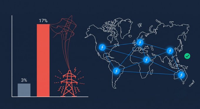 A bar chart shows 3% and 17% growth figures alongside an illustration of a damaged transmission tower, paired with a world map displaying interconnected Filecoin (F) network nodes spanning the globe—visually emphasizing how Filecoin's geographically distributed infrastructure avoids the grid vulnerabilities highlighted in the post.