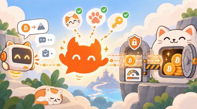 A cartoon illustration depicts orange cat characters interacting with Bitcoin symbols, a vault, and a robot, showing crypto-related concepts.
